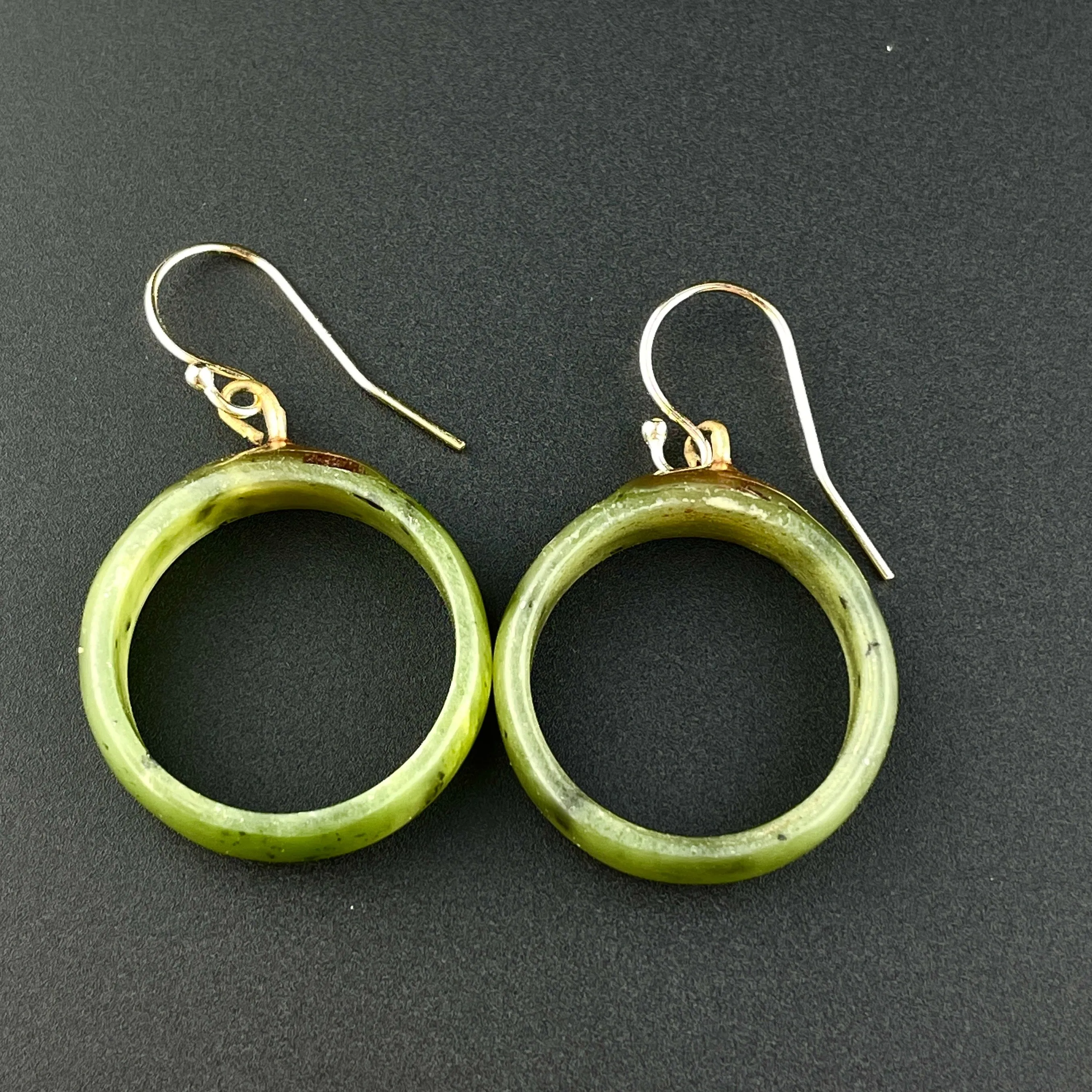 Vintage Jade Disk 14K Gold Hoop Earrings