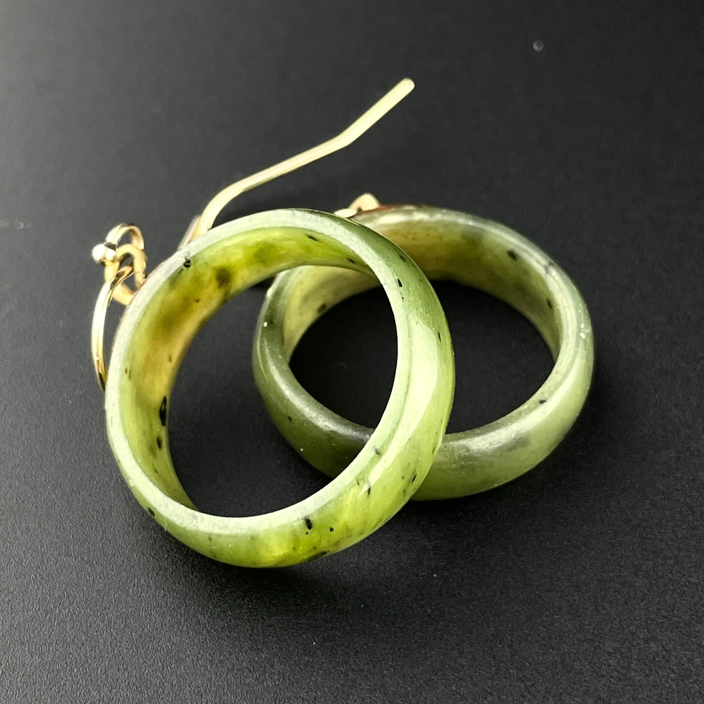 Vintage Jade Disk 14K Gold Hoop Earrings