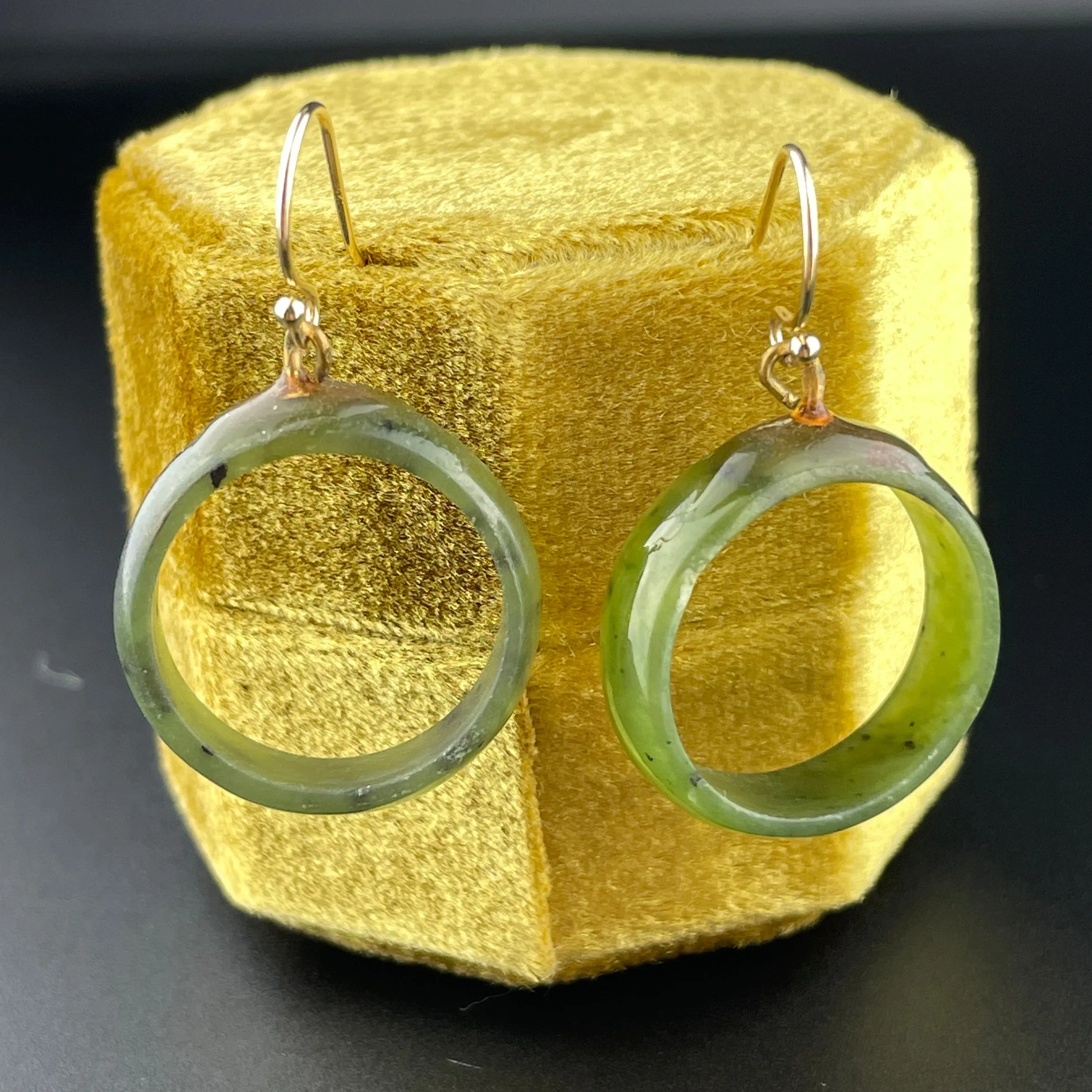 Vintage Jade Disk 14K Gold Hoop Earrings