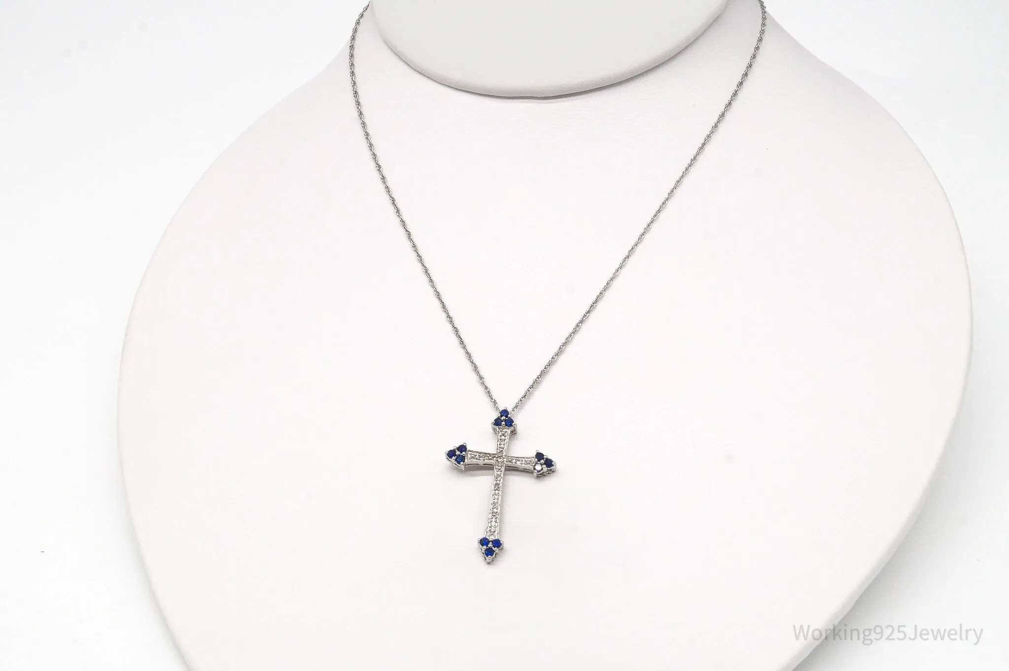 Vintage Lab Sapphire White Topaz Cross Sterling Silver Necklace 18"