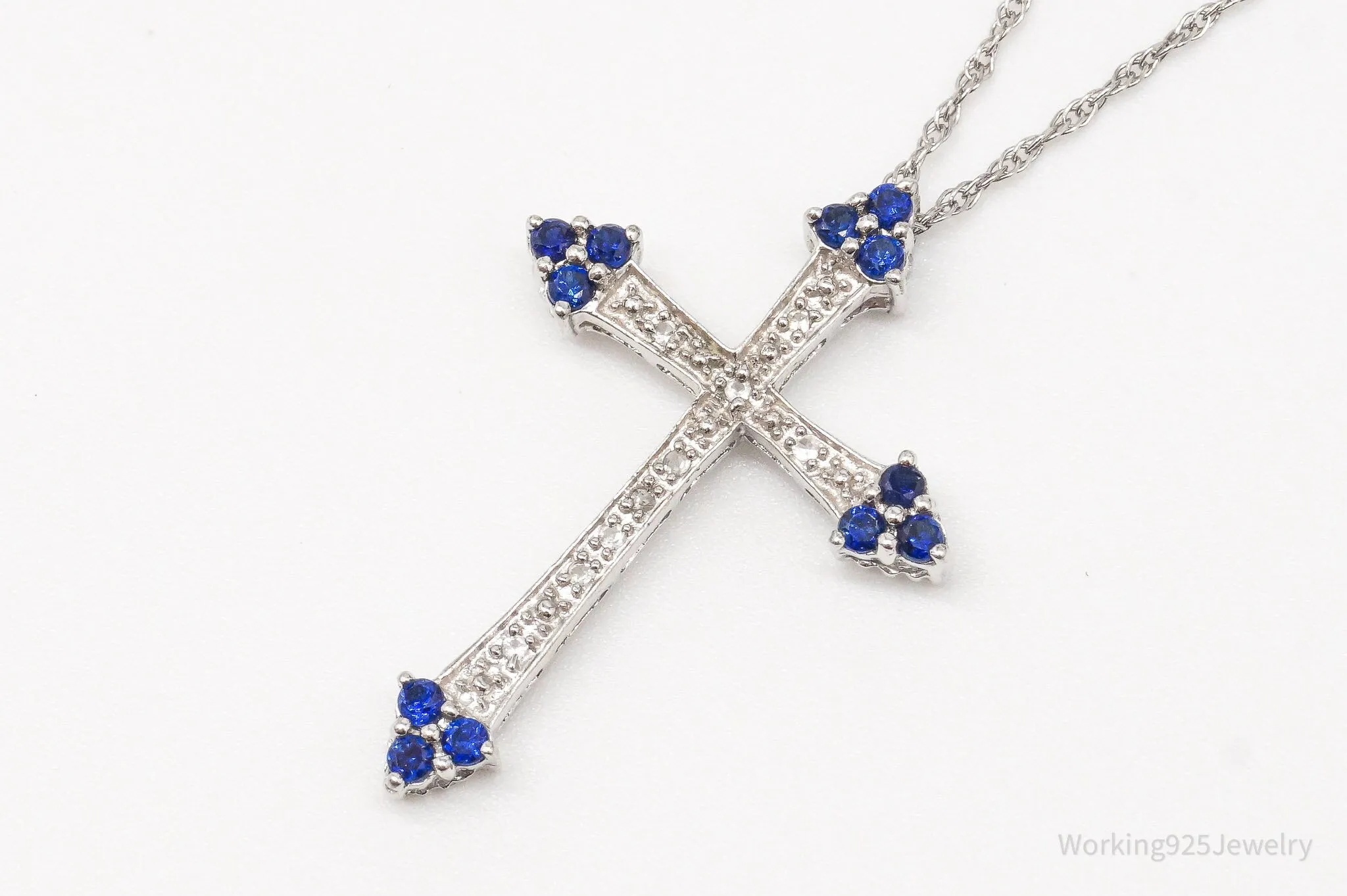 Vintage Lab Sapphire White Topaz Cross Sterling Silver Necklace 18"