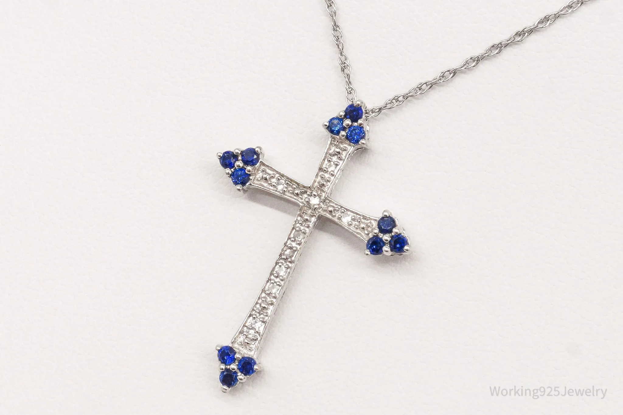 Vintage Lab Sapphire White Topaz Cross Sterling Silver Necklace 18"