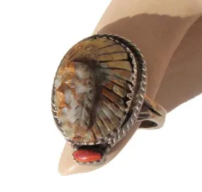 Vintage Navajo Ring Sterling Petrified Wood Spondylus Sioux Chief Sz 6