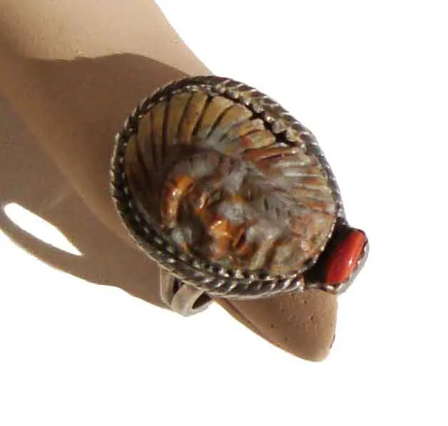 Vintage Navajo Ring Sterling Petrified Wood Spondylus Sioux Chief Sz 6