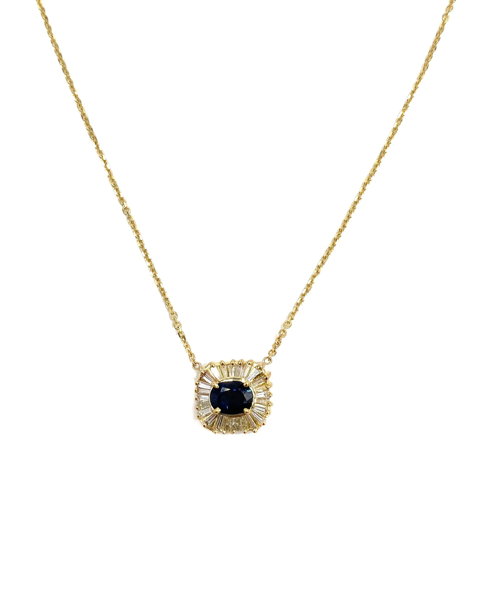 Vintage Sapphire Necklace with Baguette Diamonds in 18K Gold