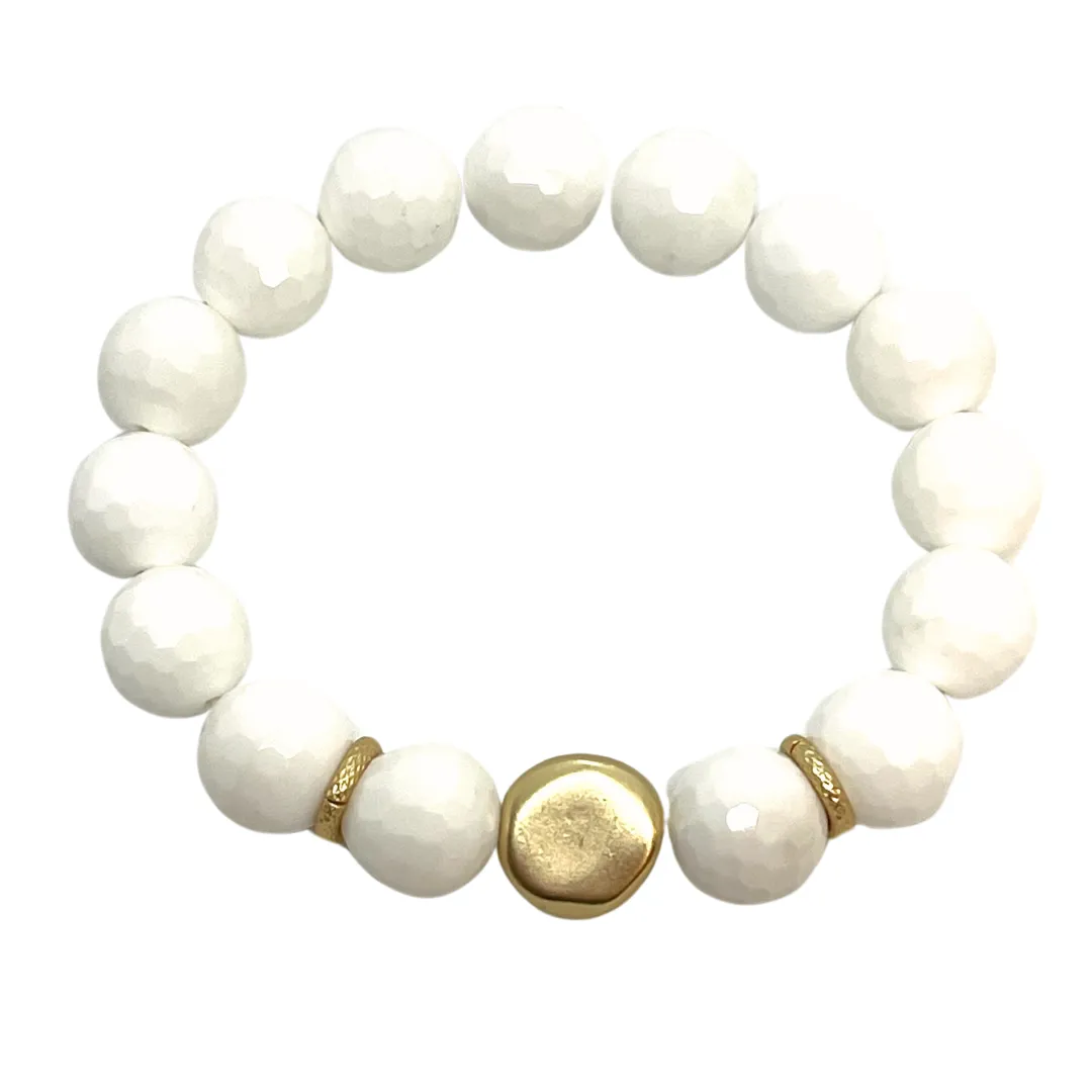 White Jade Stretch Bracelet With Matte Gold Nugget