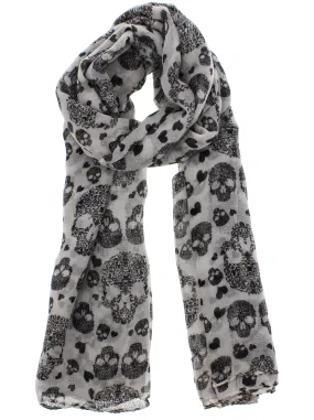 White Multi Size Skull &amp; Heart Print Scarf