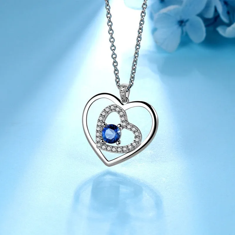 Women Blue Heart Necklace September Birthstone Pendant Sapphire Girls Jewelry Birthday Gifts 925 Sterling Silver