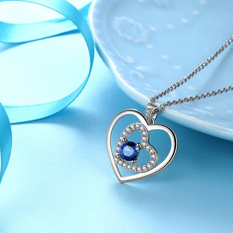 Women Blue Heart Necklace September Birthstone Pendant Sapphire Girls Jewelry Birthday Gifts 925 Sterling Silver