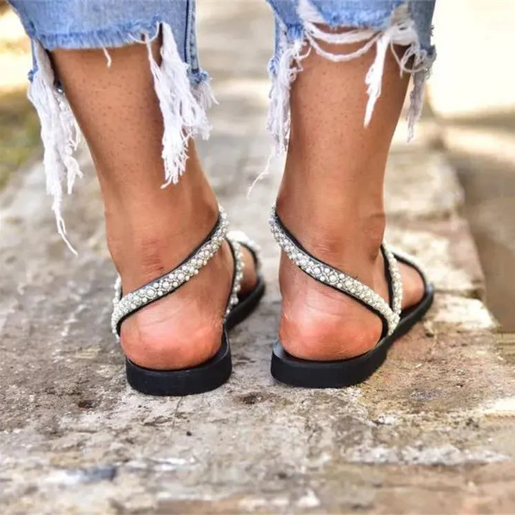 Women rhinestone ring toe strappy slip on flat beach sandals