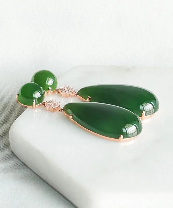 Women Spinach Green Jade Zircon Water Drop Drop Earrings