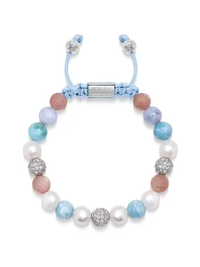 Women's Beaded Bracelet with Larimar, Pearl, Blue Lace Agate and Pink Aventurine