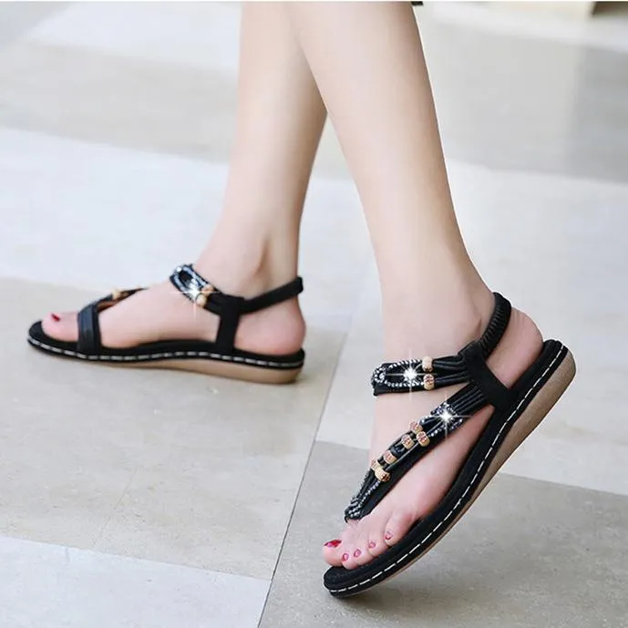 Women's boho beaded flat ring toe beach sandals