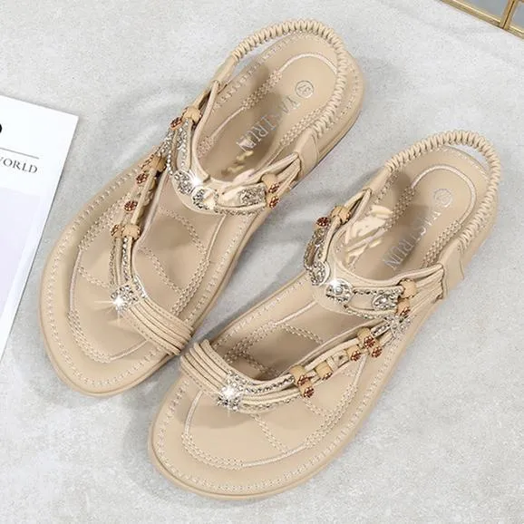 Women's boho beaded flat ring toe beach sandals