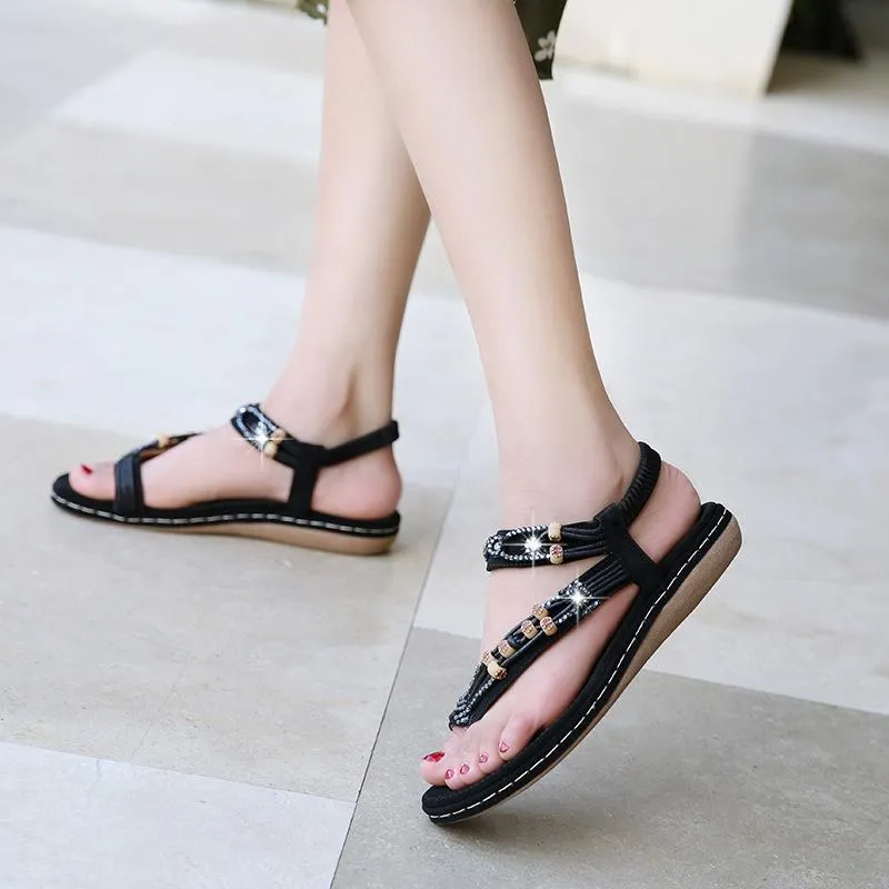 Women's boho beaded flat ring toe beach sandals