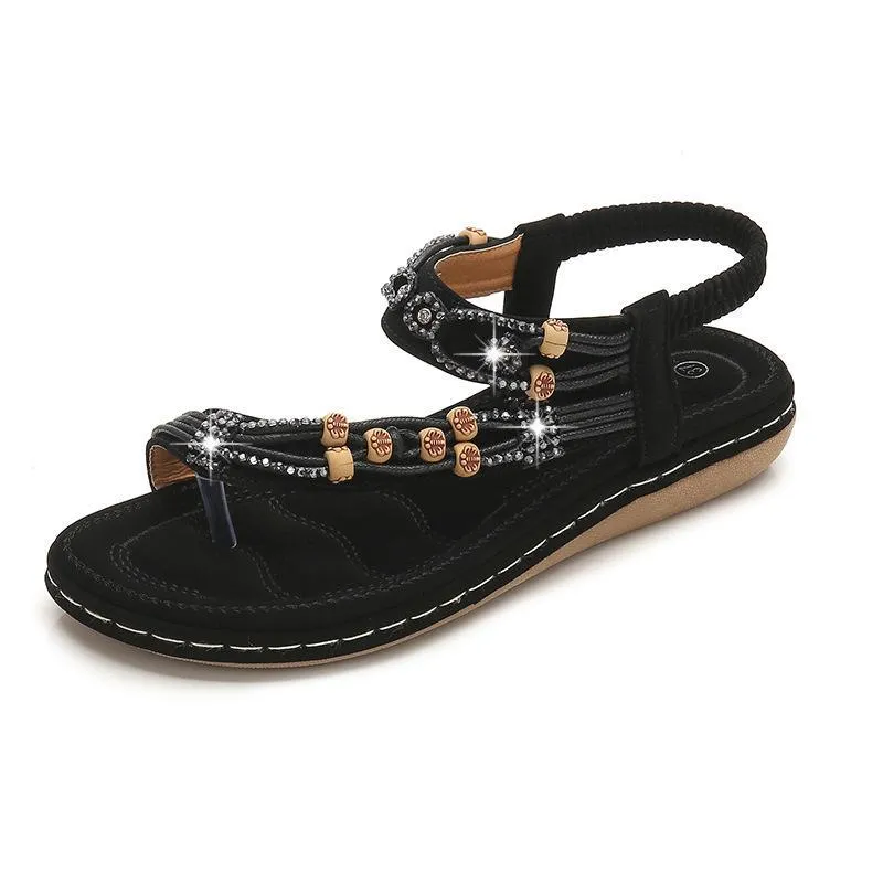 Women's boho beaded flat ring toe beach sandals