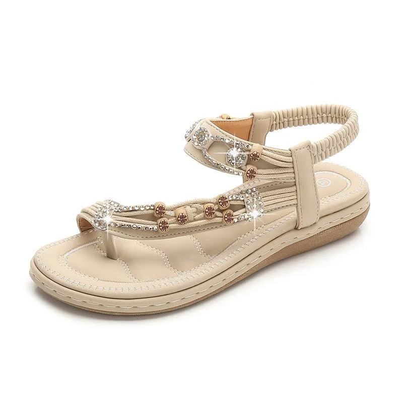 Women's boho beaded flat ring toe beach sandals