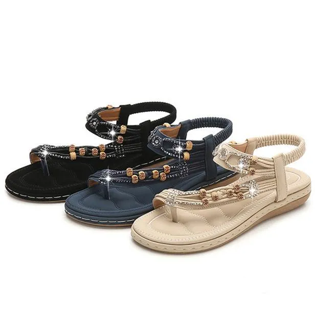 Women's boho beaded flat ring toe beach sandals