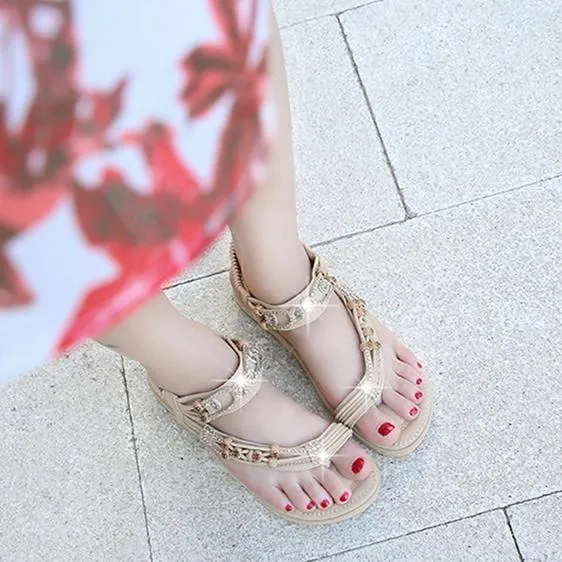 Women's boho beaded flat ring toe beach sandals