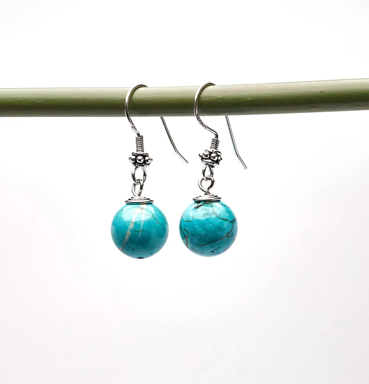 Women's Handmade 12mm Natural Blue Turquoise Dangle Drop Earrings