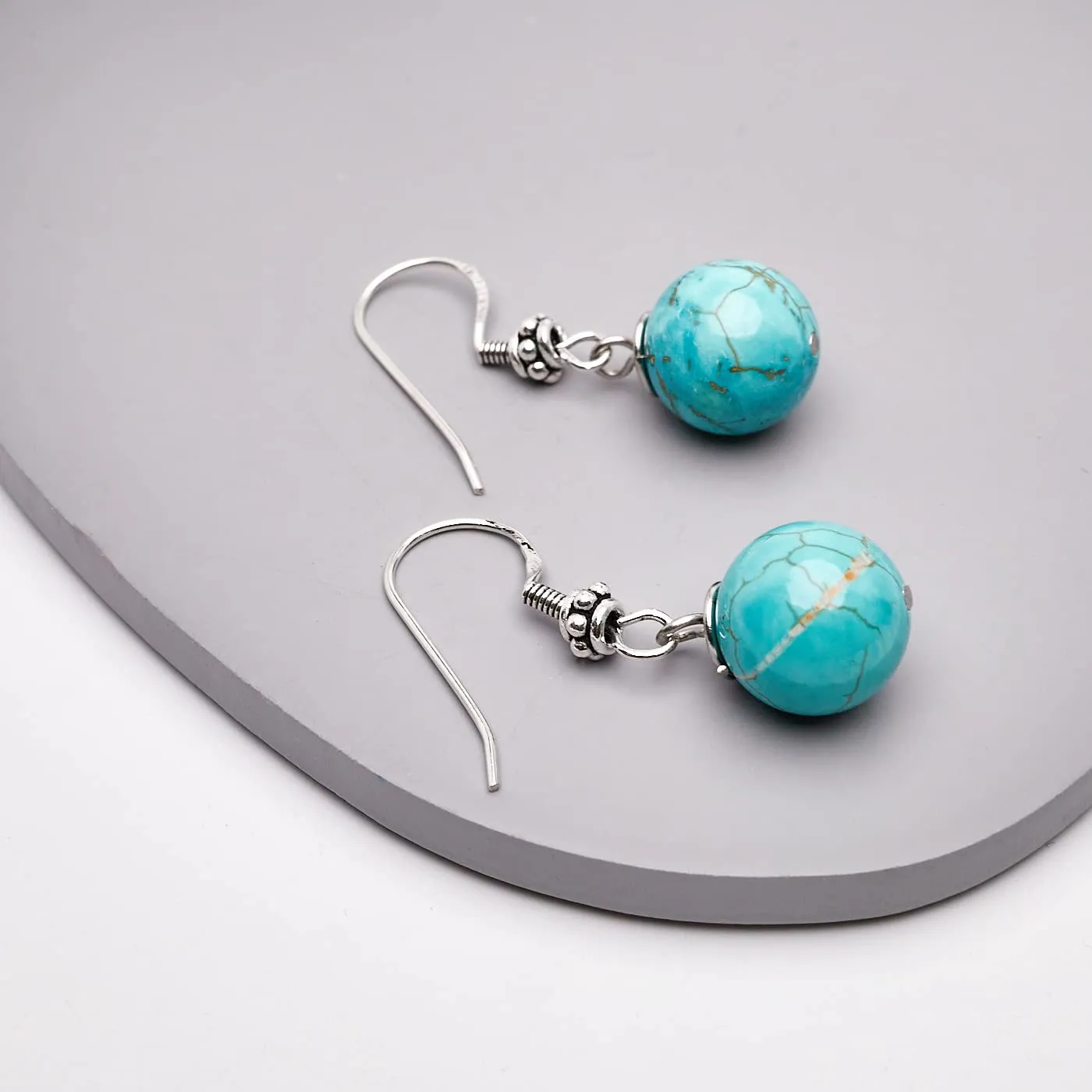 Women's Handmade 12mm Natural Blue Turquoise Dangle Drop Earrings