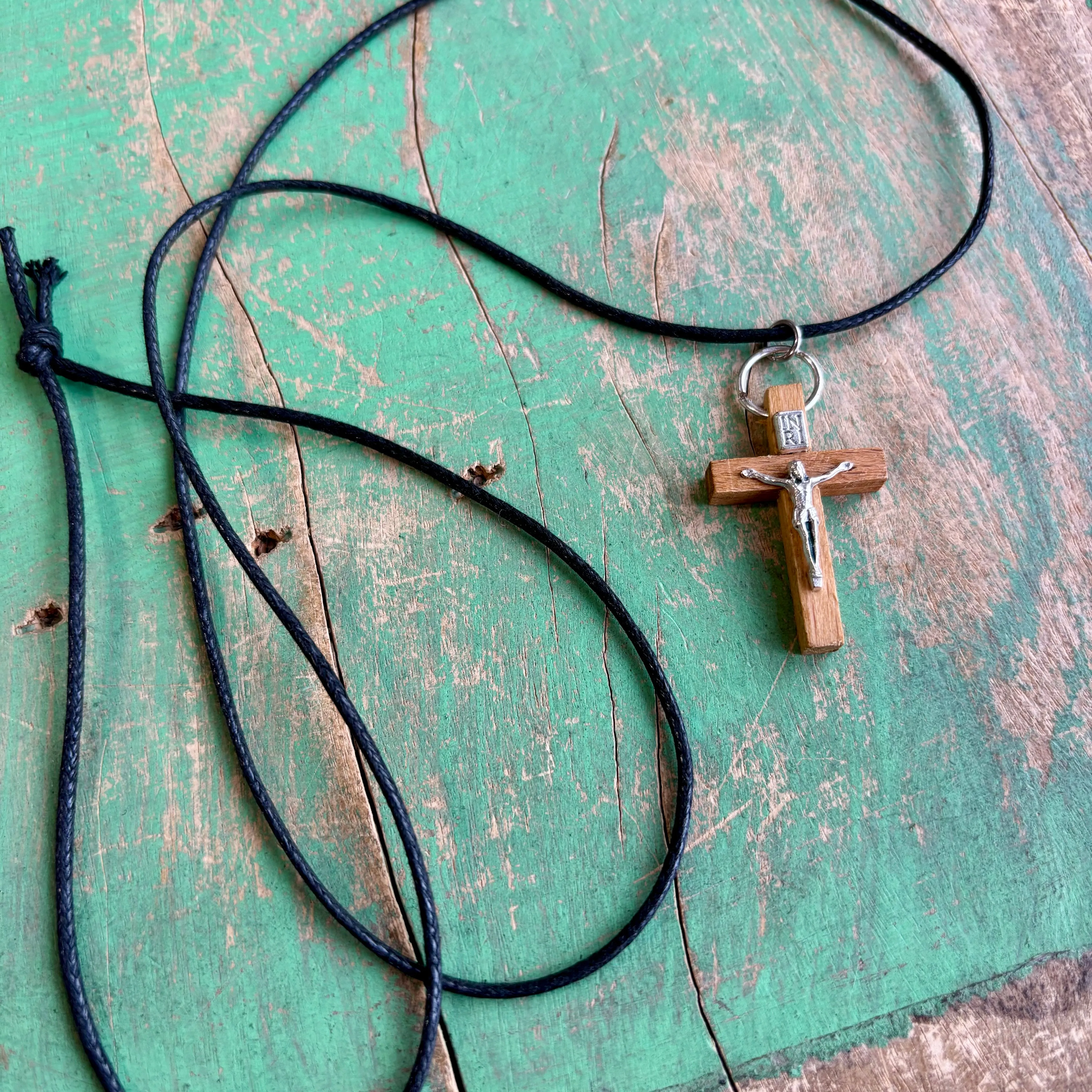 Wood Crucifix Cord Necklace