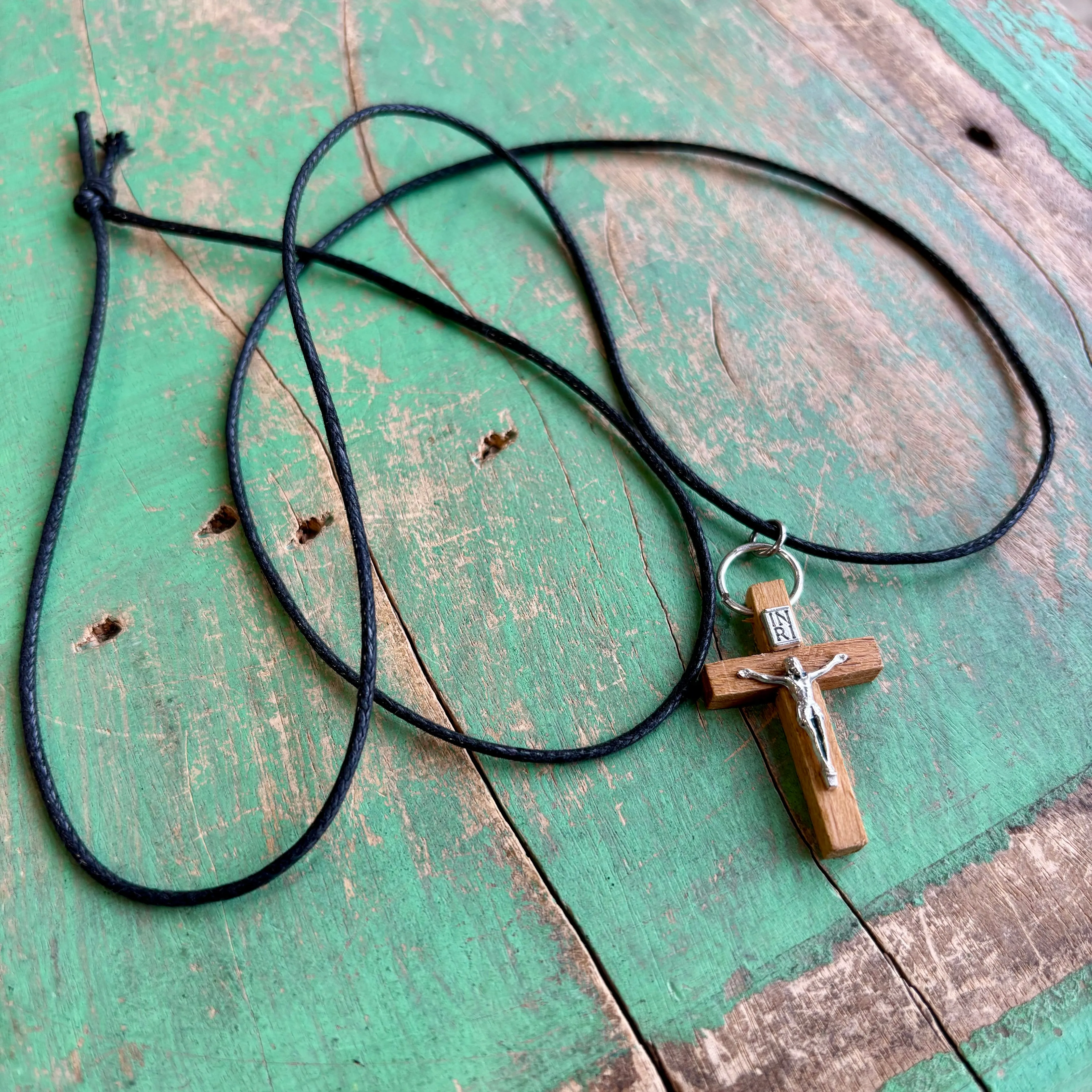 Wood Crucifix Cord Necklace