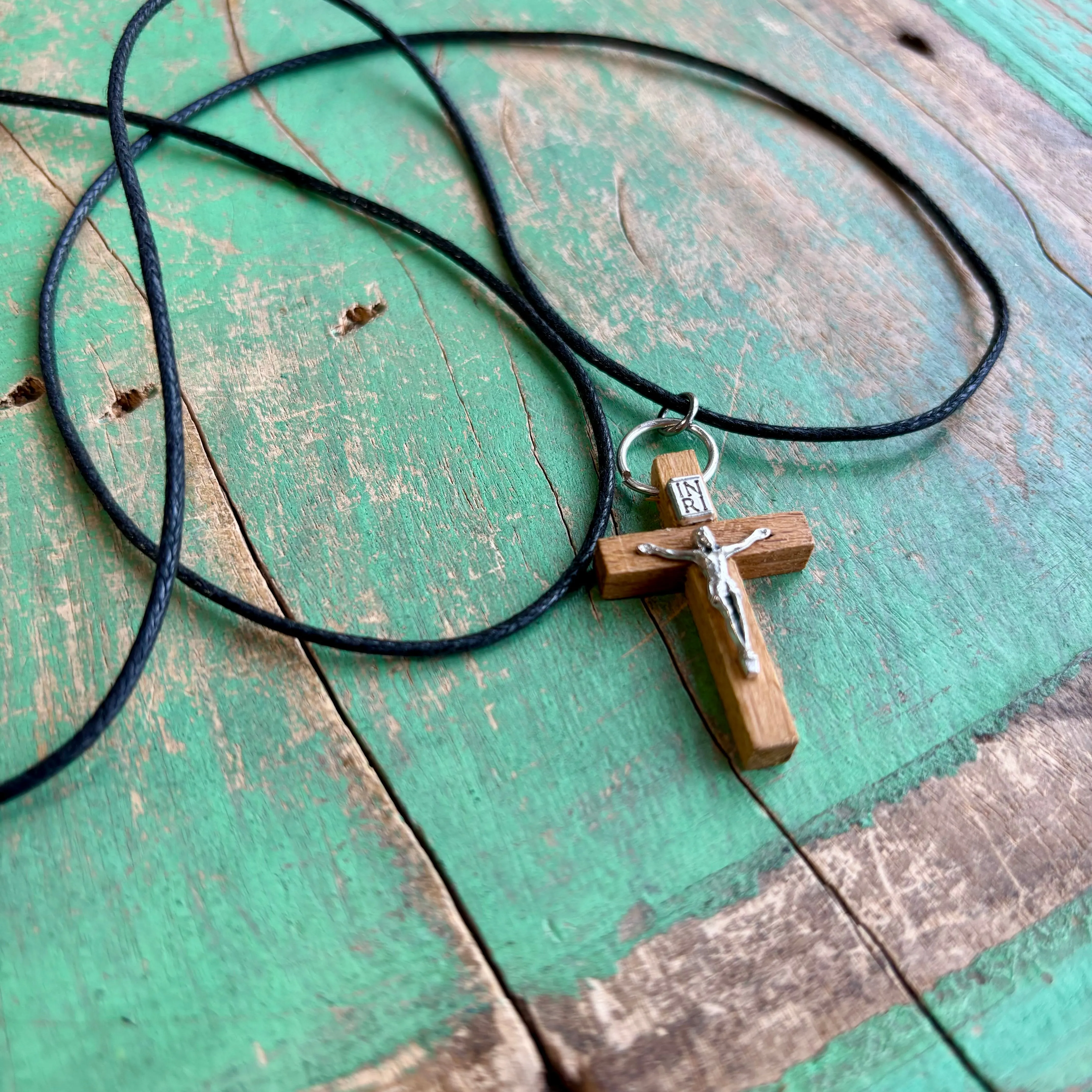 Wood Crucifix Cord Necklace