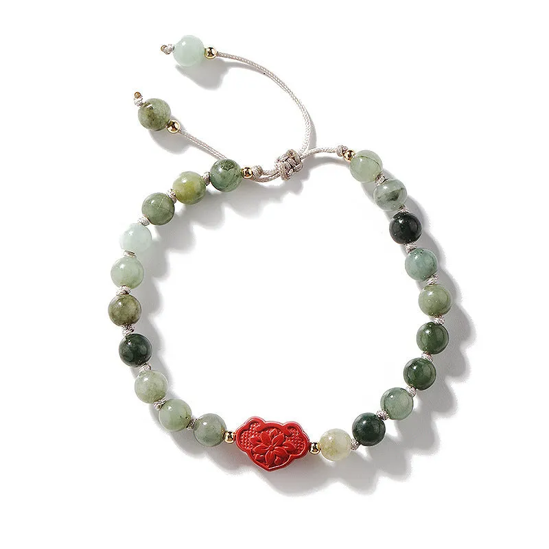 Woven Handrope Women's Sterling Silver Jade and Cinnabar Bracelet