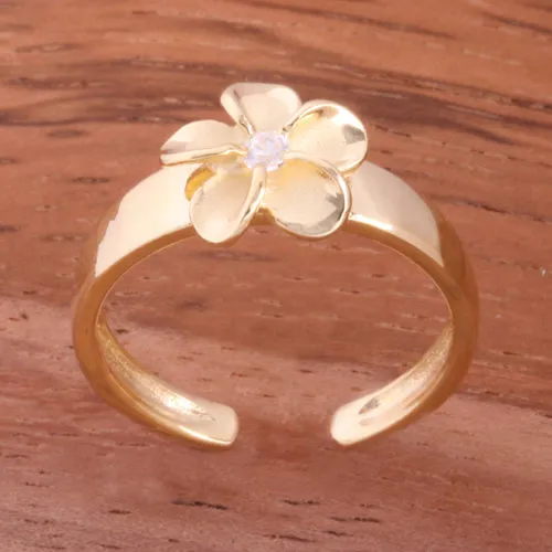 Yellow Gold Plated 8mm Plumeria with Clear CZ Toe Ring